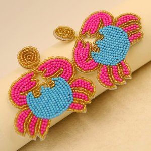 Pink/Gold/Blue Beaded Crab Earrings NWOT